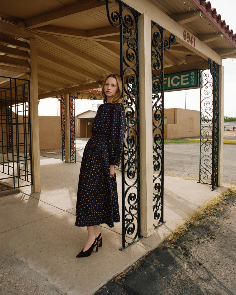 Lilibeth Dress in black floral cotton and Katerina Black Suede Slingback Pump.