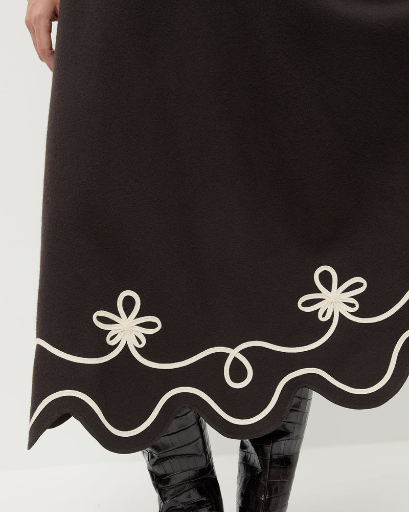 Linnea Skirt in brown wool with cream detailing, and Marley Crocodile Leather Tall Boot.