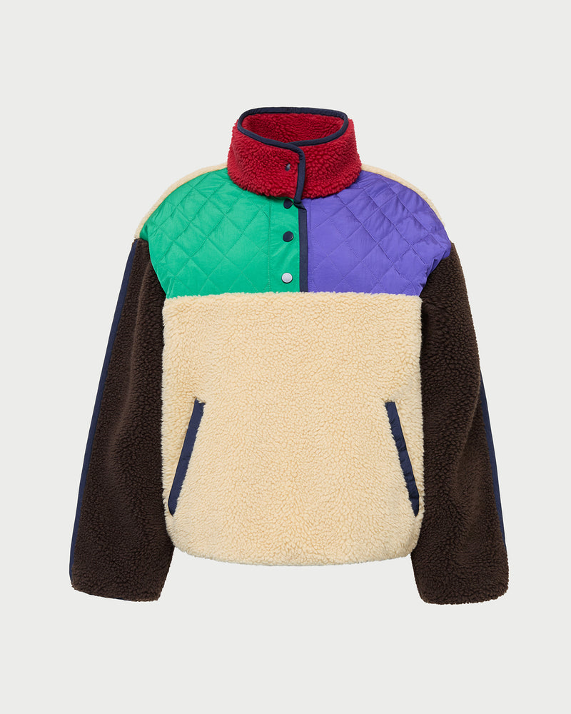 Liz Fleece in cream fleece with multi colored accents.