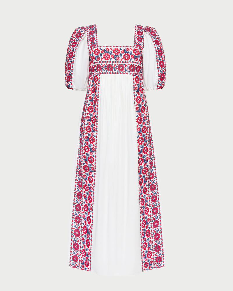 Lotus Embroidered Floral Dress in cream cotton with red and blue embroidery.