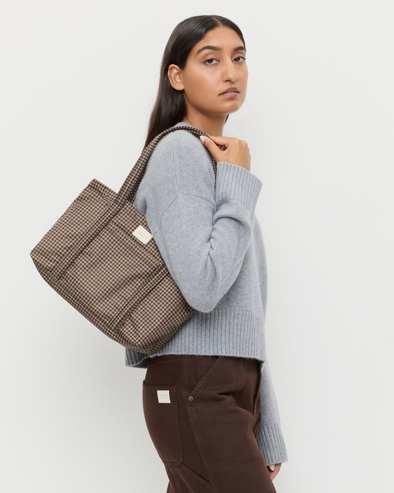 Lyla Brown/Black Check Essential Tote, Lana Cashmere Sweater in grey cashmere, and Molly Workwear Jean in dark brown.