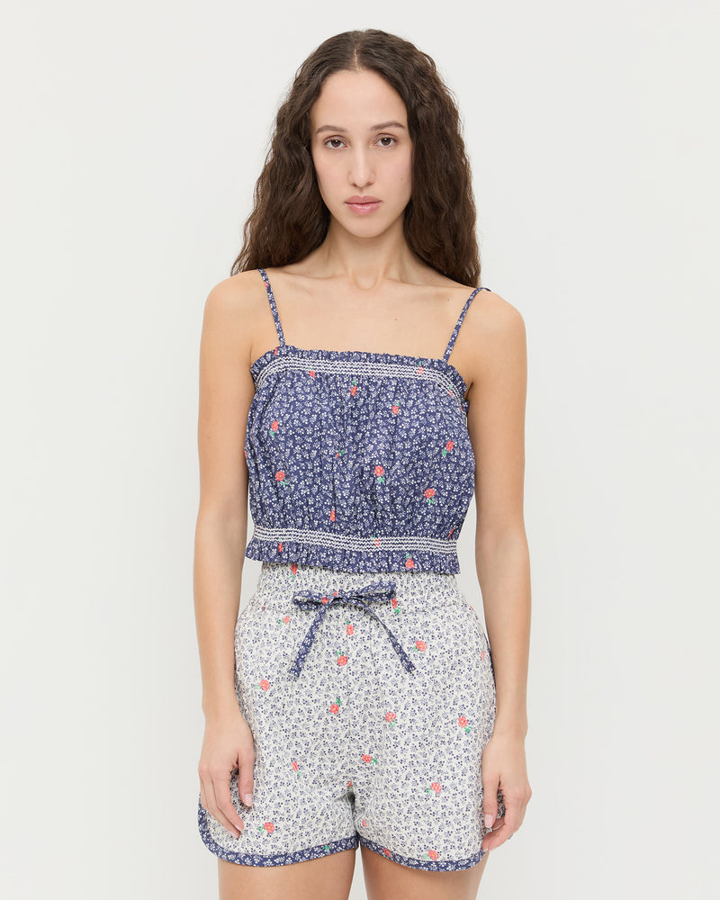 Maggie Camisole in navy floral cotton and Flynn Quilted Short in white floral cotton.