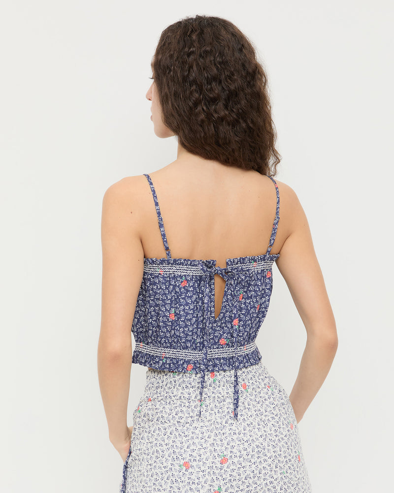 Maggie Camisole in navy floral cotton and Flynn Quilted Short in white floral cotton.