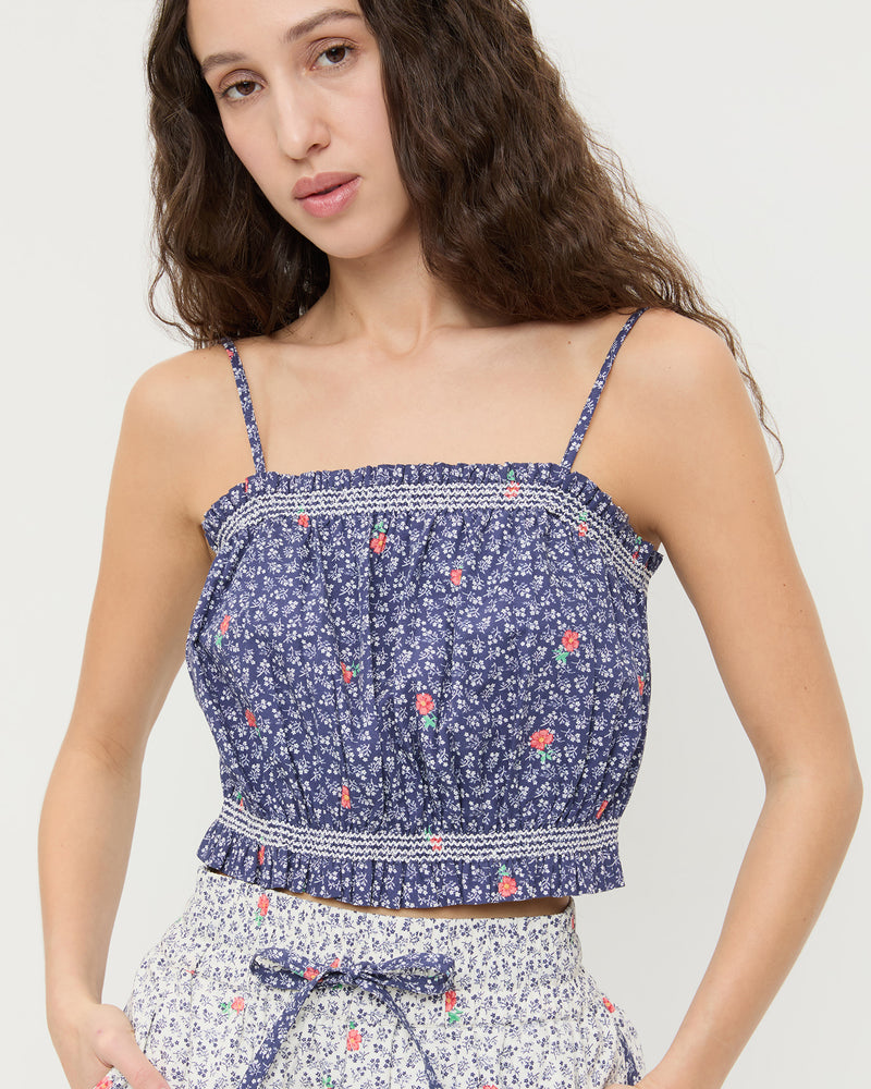 Maggie Camisole in navy floral cotton and Flynn Quilted Short in white floral cotton.