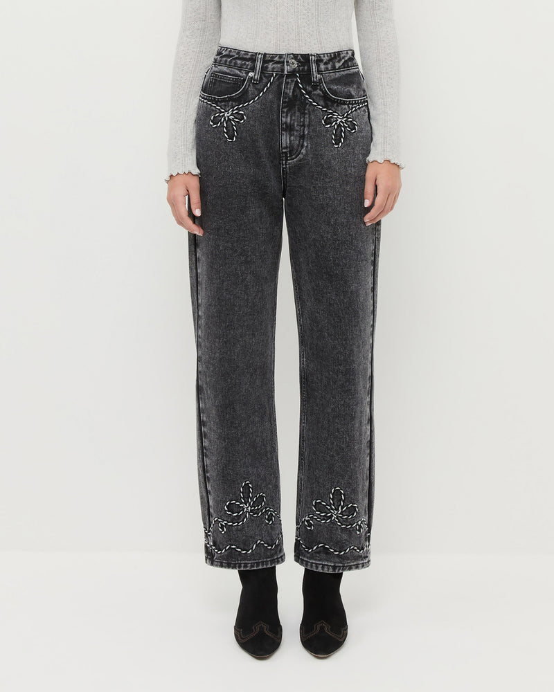 Magnolia Denim Pant in washed black denim, Lolo Pointelle Long-Sleeve in grey cotton, and Harlan Black Suede Ankle Boot.