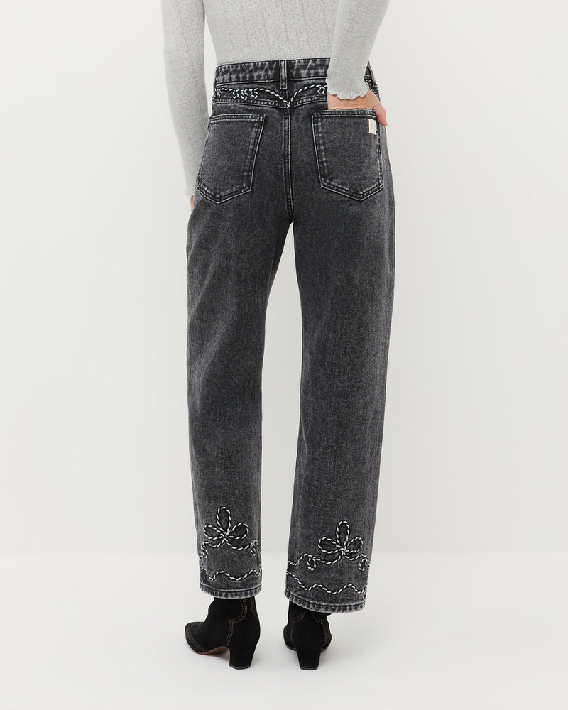 Magnolia Denim Pant in washed black denim, Lolo Pointelle Long-Sleeve in grey cotton, and Harlan Black Suede Ankle Boot.