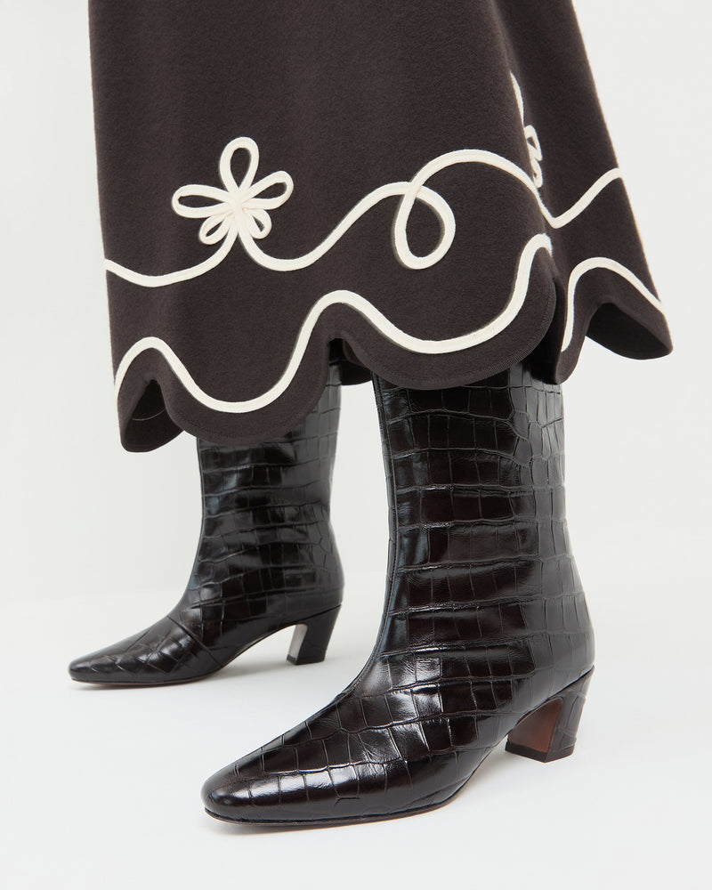 Marley Crocodile Leather Tall Boot in crocodile embossed leather and Linnea Skirt.