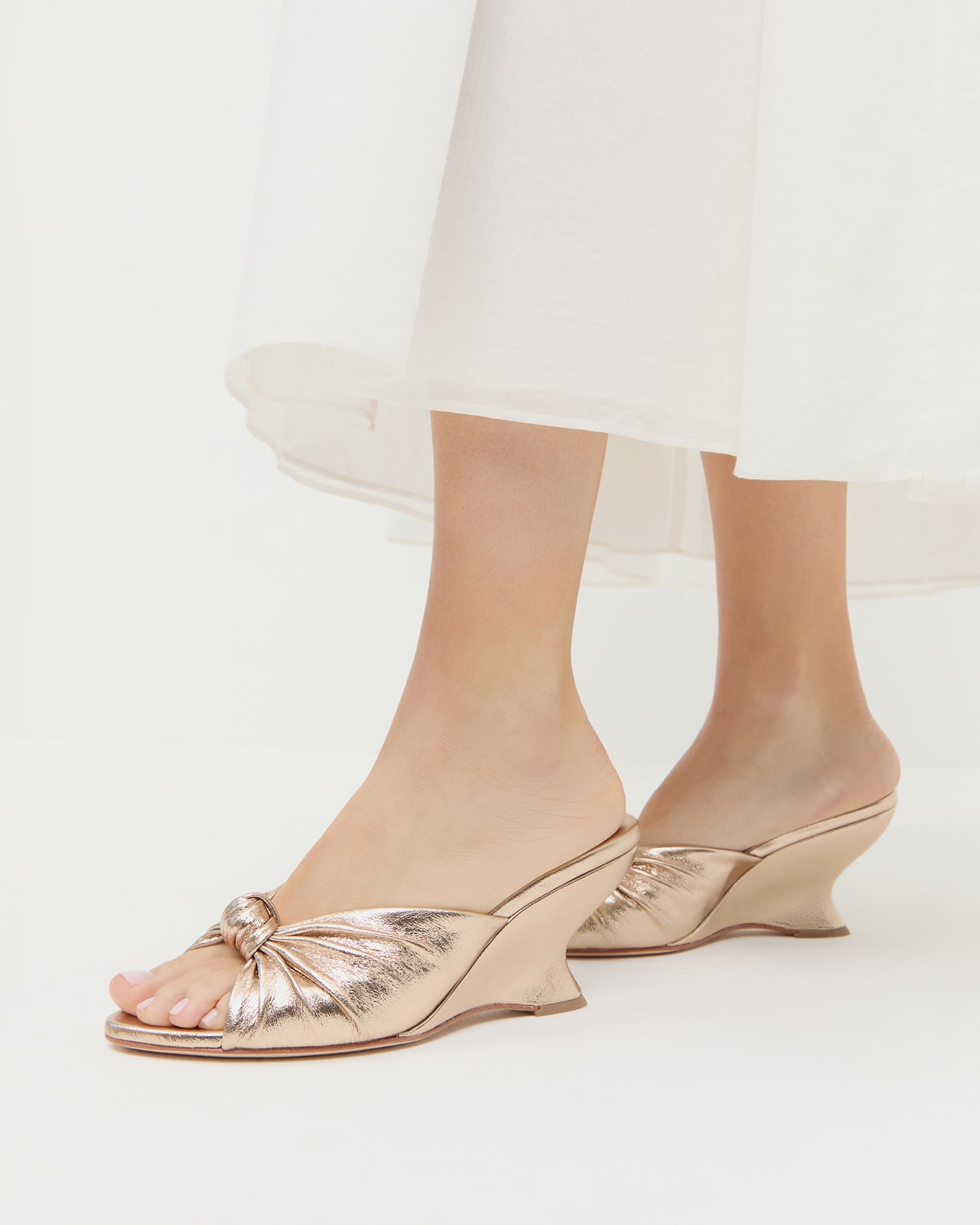 Marsy Champagne Leather Knot Wedge | Heeled Sandals | Footwear