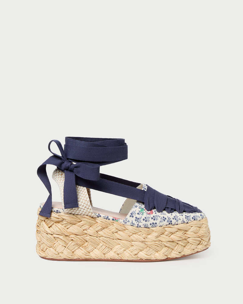 Mason Natural/Floral Platform Espadrille in blue floral canvas with natural raffia.