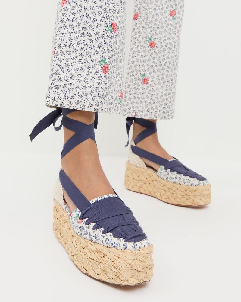 Mason Natural/Floral Platform Espadrille in blue floral canvas with natural raffia and Pasha Trouser in white floral cotton-linen.