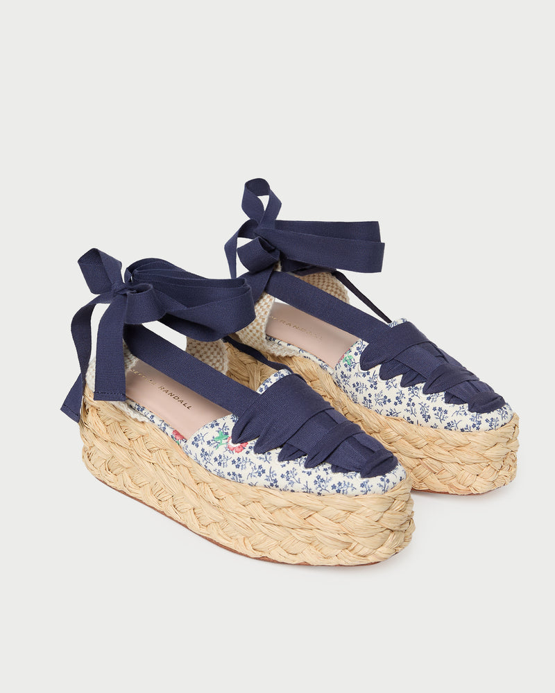 Mason Natural/Floral Platform Espadrille in blue floral canvas with natural raffia.