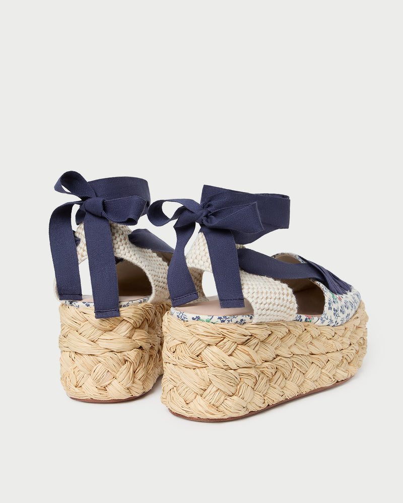 Mason Natural/Floral Platform Espadrille in blue floral canvas with natural raffia.