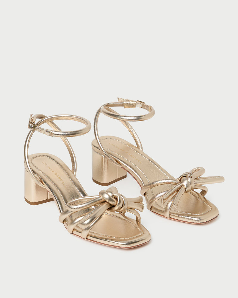 Mikel Champagne Bow Mid-Heel Sandal in metallic champagne nappa leather