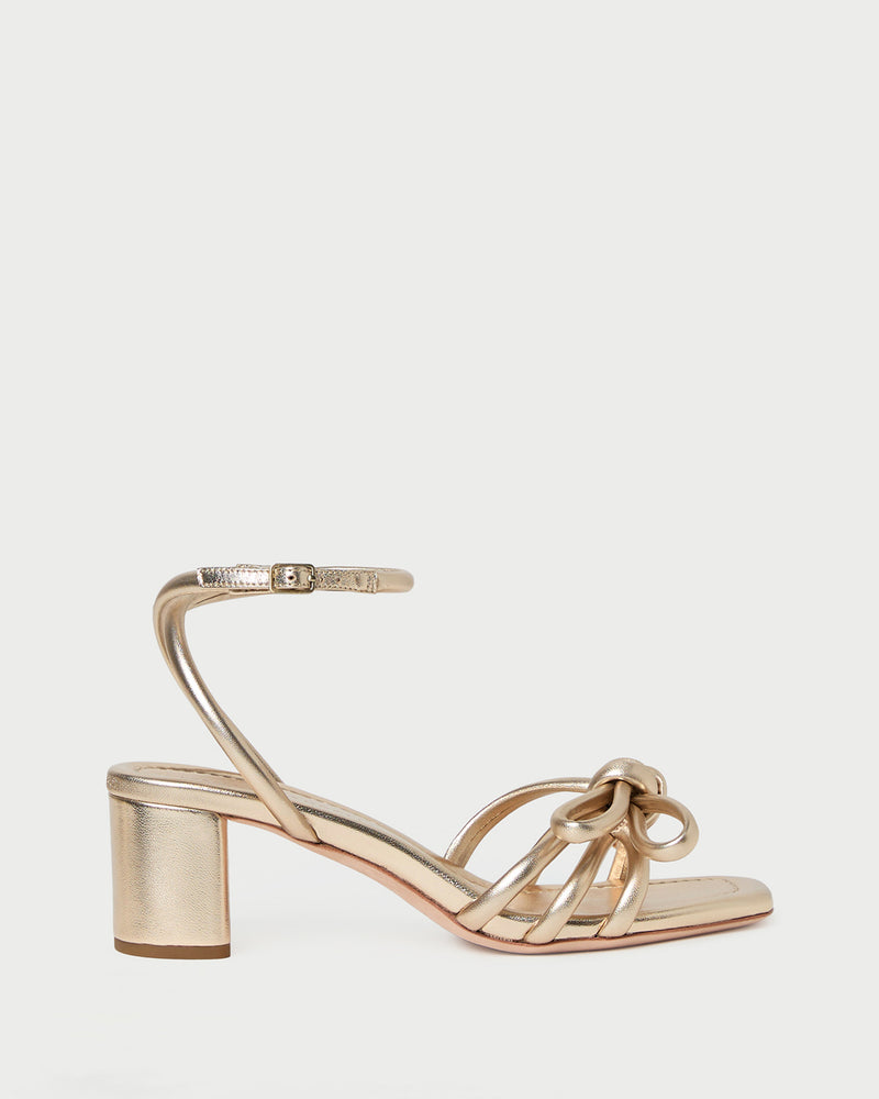Mikel Champagne Bow Mid-Heel Sandal in metallic champagne nappa leather