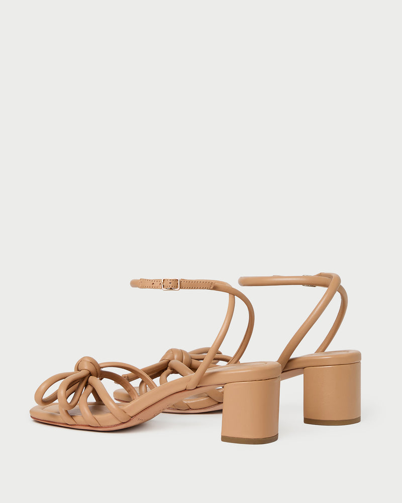 Mikel Dune Bow Mid-Heel Sandal in beige tan leather