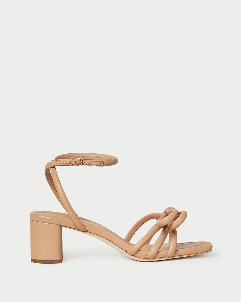 Mikel Dune Bow Mid-Heel Sandal in beige tan leather