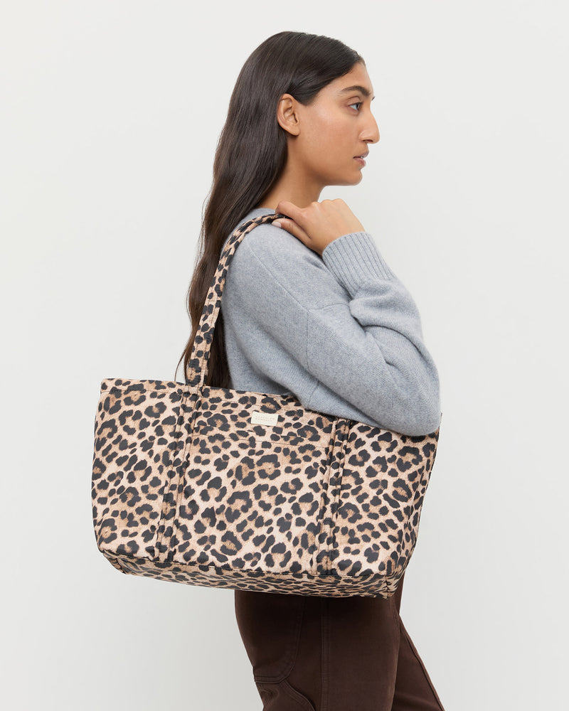 Mira Brown/Leopard Everyday Tote and Lana Cashmere Sweater in grey cashmere.