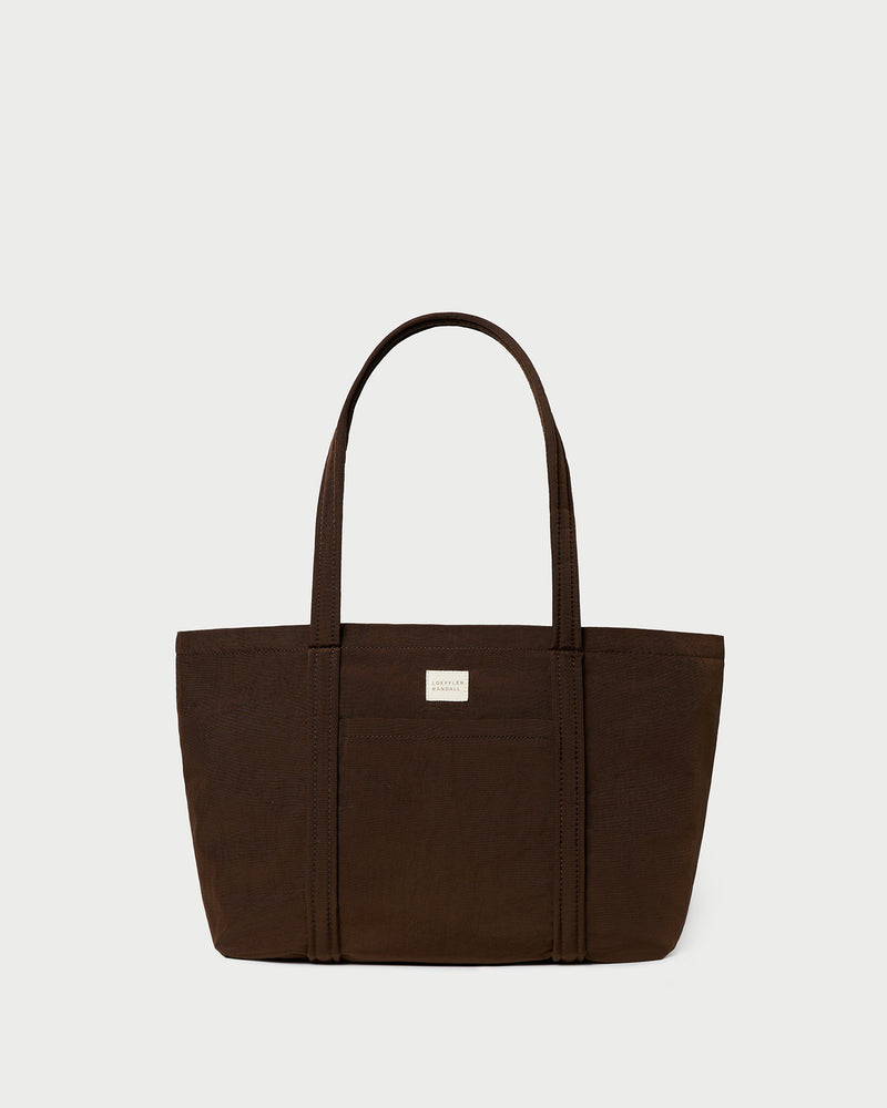 Mira Chocolate Everyday Tote in chocolate brown water-resistant nylon.
