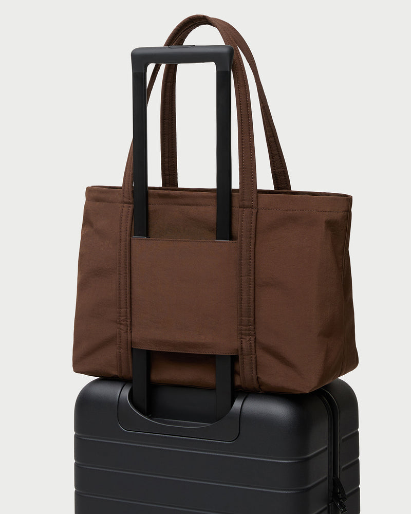 Mira Chocolate Everyday Tote in chocolate brown water-resistant nylon.