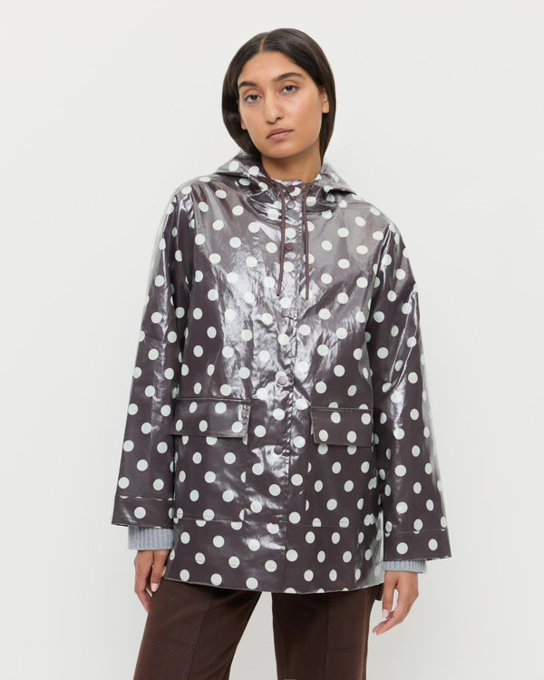 Misty Rain Jacket in brown and cream polka dot cotton, and Molly Workwear Jean in dark brown denim.