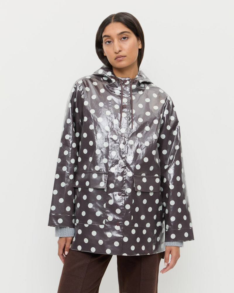 Misty Rain Jacket In brown and cream polka dot cotton.