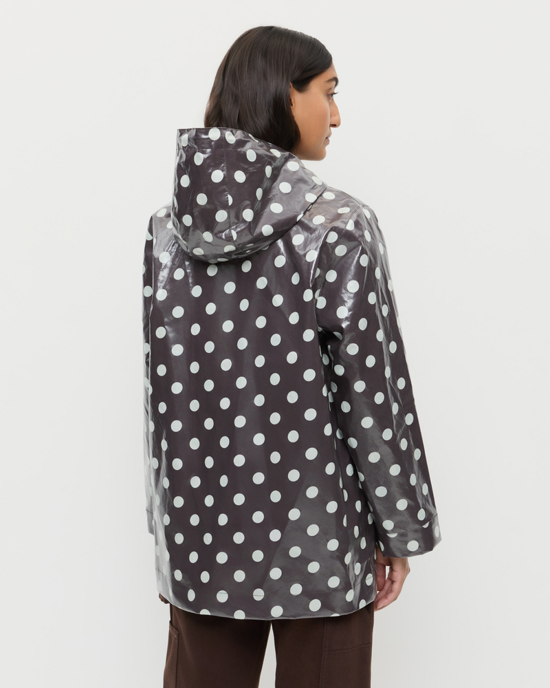 Misty Rain Jacket In brown and cream polka dot cotton.