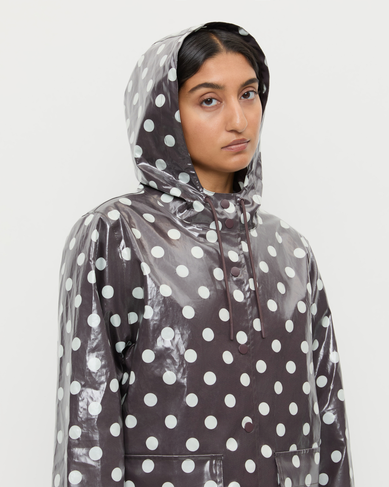 Misty Rain Jacket In brown and cream polka dot cotton.