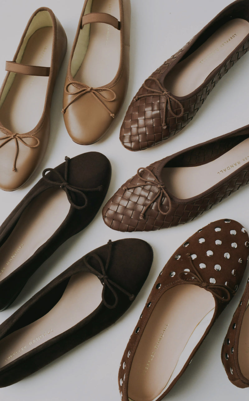 Leonie Safari Leather Ballet Flat, Landry Chocolate Woven Ballet Flat, Noelle Brown Suede Ballet Flat, and Landon Espresso/Silver Suede Ballet Flat - Loeffler Randall