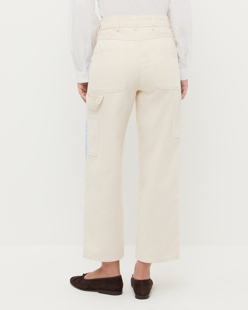 Molly Workwear Jean in natural denim with blue embroidery, Gail Blouse in white cotton, and Noelle Brown Suede Ballet Flat.