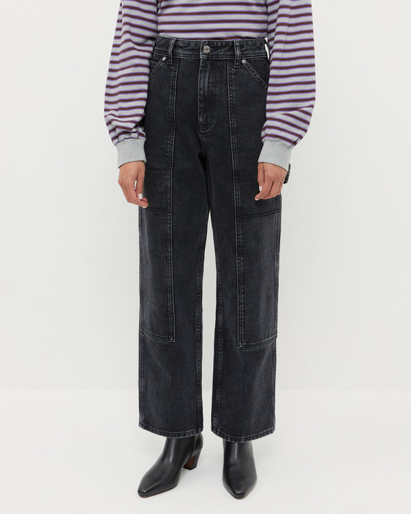 Molly Workwear Jean in washed black denim, Scout Long-Sleeve Top in grey and purple cotton, and Harper Black Leather Ankle Boot.