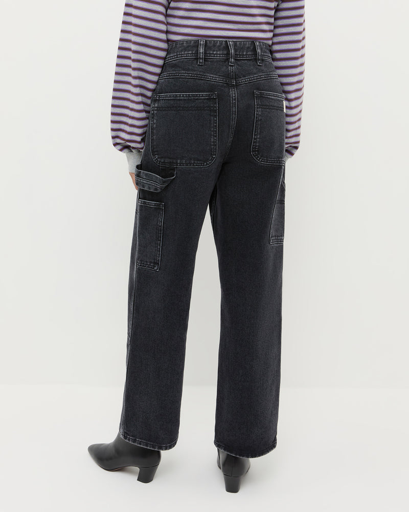 Molly Workwear Jean in washed black denim, Scout Long-Sleeve Top in grey and purple cotton, and Harper Black Leather Ankle Boot.