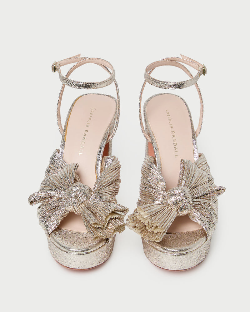 Natalia Champagne Platform Bow Heel in champagne Italian lamé