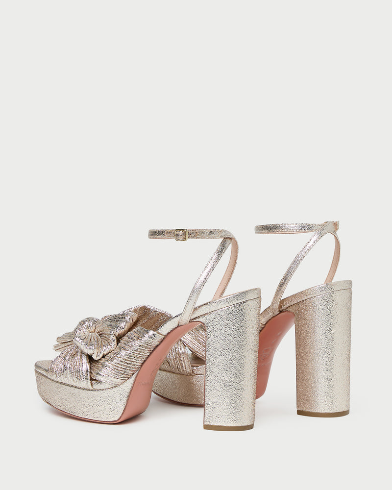 Natalia Champagne Platform Bow Heel in champagne Italian lamé