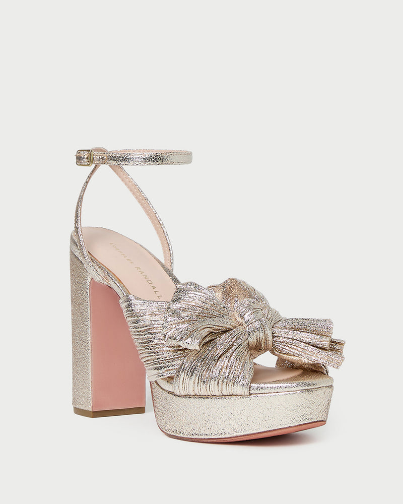 Natalia Champagne Platform Bow Heel in champagne Italian lamé