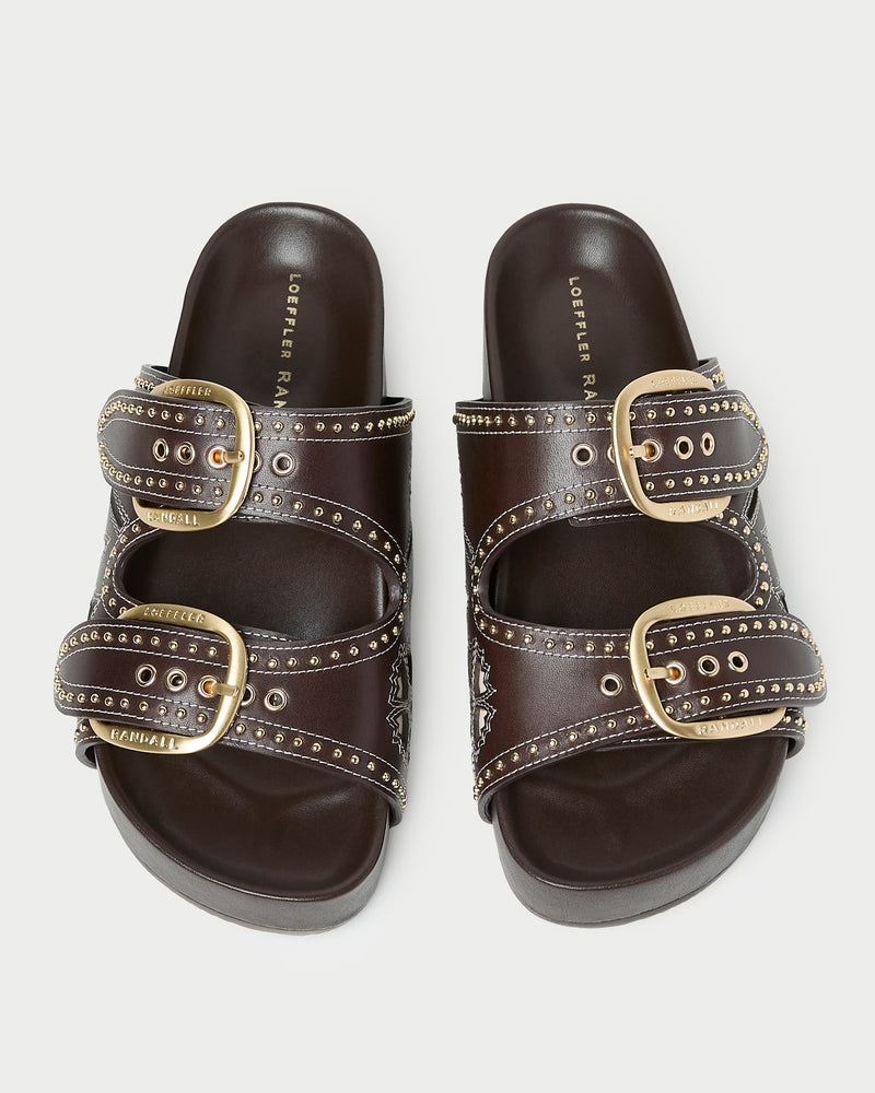 Nell Brown/Butter Two-Band Sandal with butter yellow tulip details and studded accents.