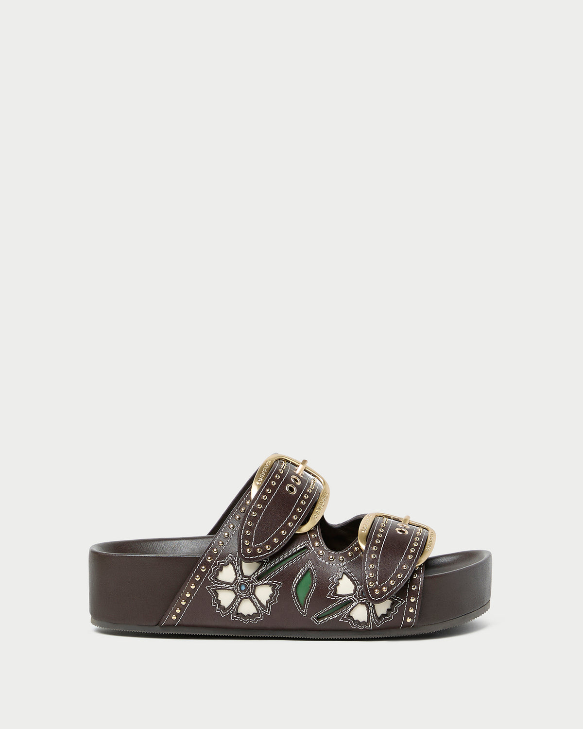 Nell Brown/Butter Two-Band Sandal with butter yellow tulip details and studded accents.