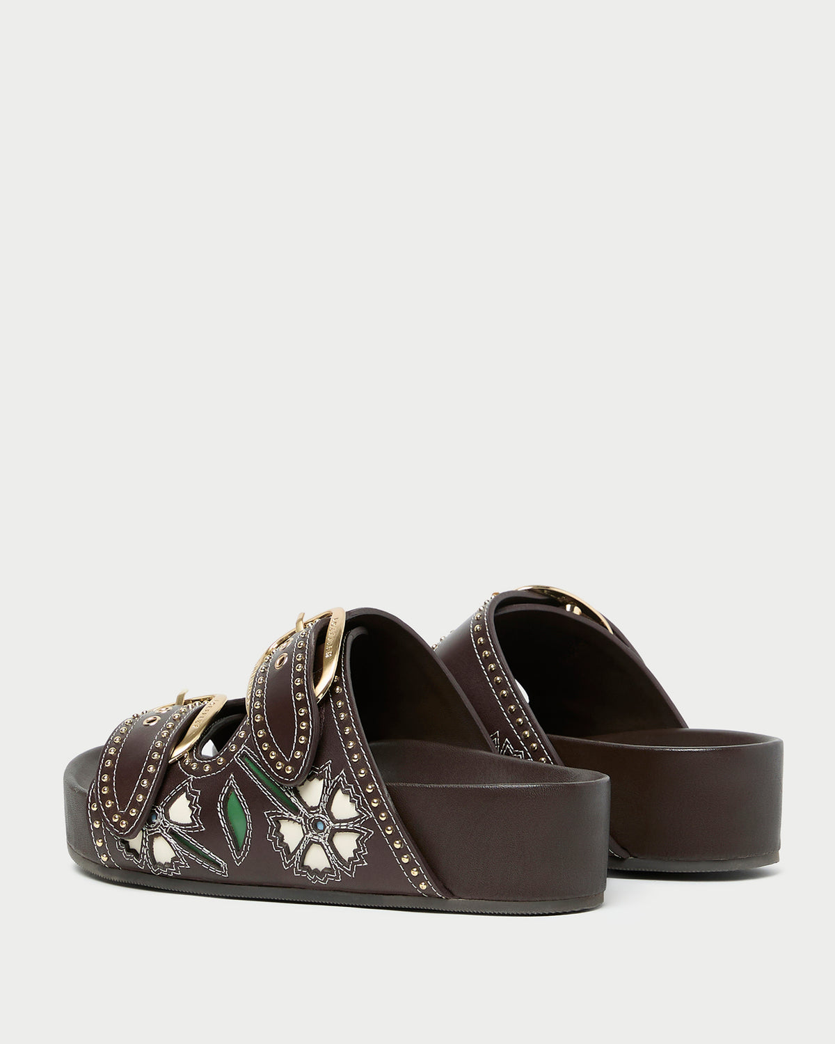 Nell Brown/Butter Two-Band Sandal with butter yellow tulip details and studded accents.