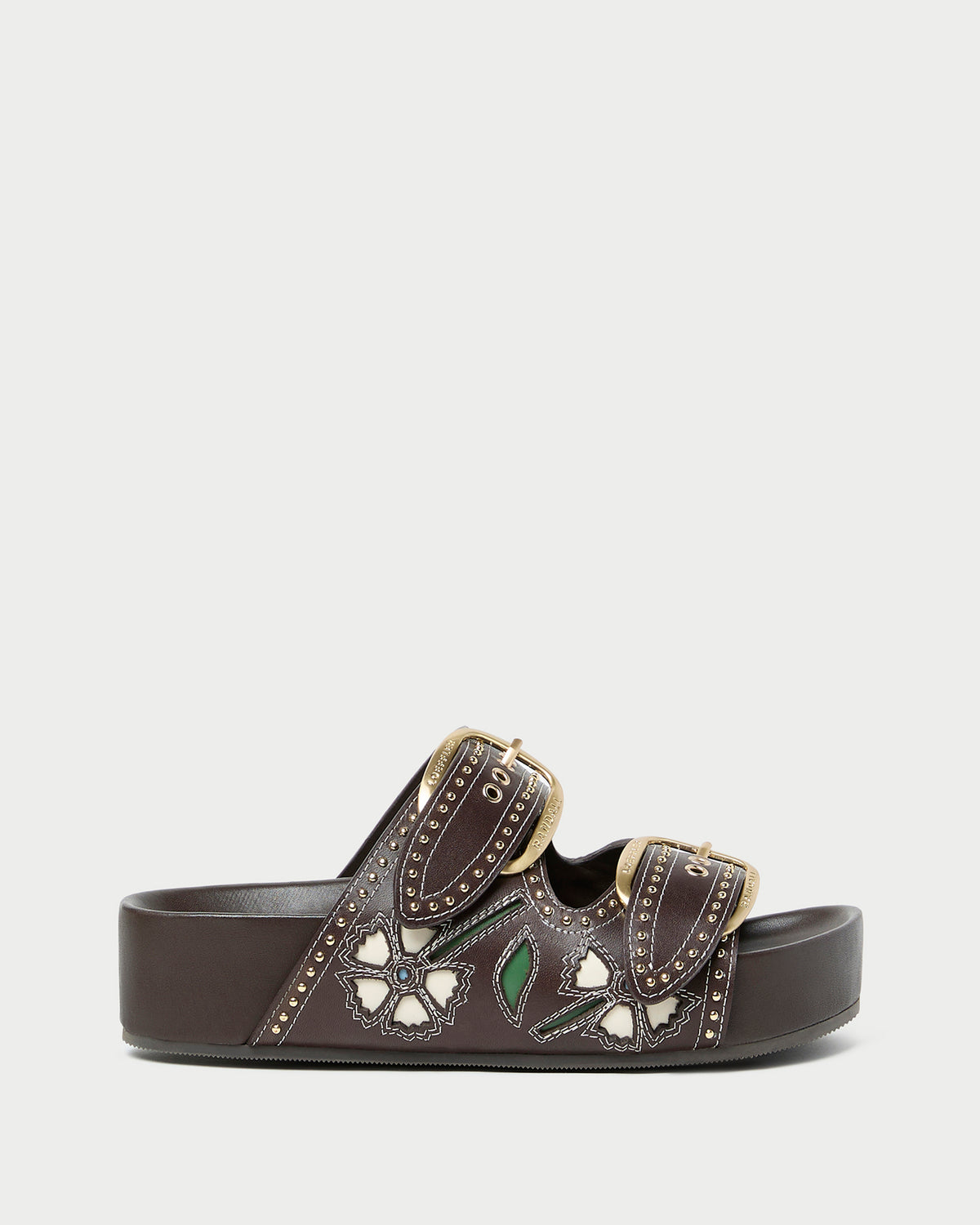Nell Brown/Butter Two-Band Sandal with butter yellow tulip details and studded accents.