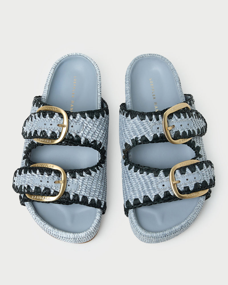 Nico Blue Two-Band Sandal in blue woven fabric.