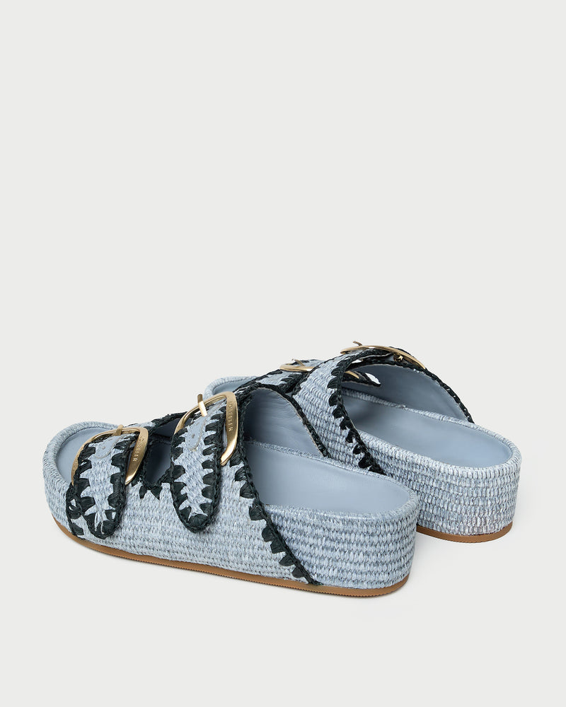 Nico Blue Two-Band Sandal in blue woven fabric.
