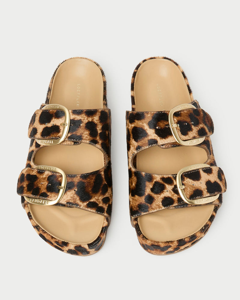 Nico Brown/Leopard Two-Band Sandal in leopard print hair calf.