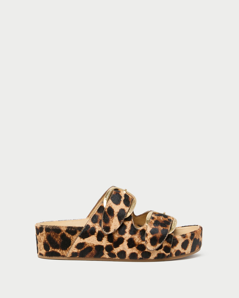 Nico Brown/Leopard Two-Band Sandal in leopard print hair calf.
