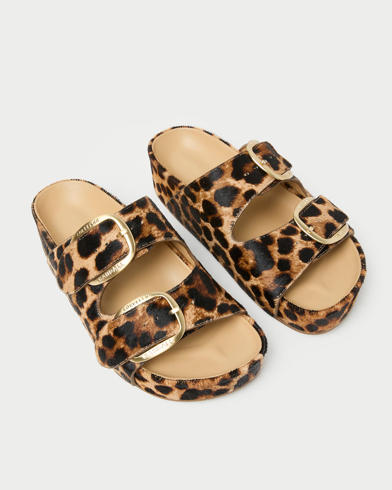 Nico Brown/Leopard Two-Band Sandal in leopard print hair calf.
