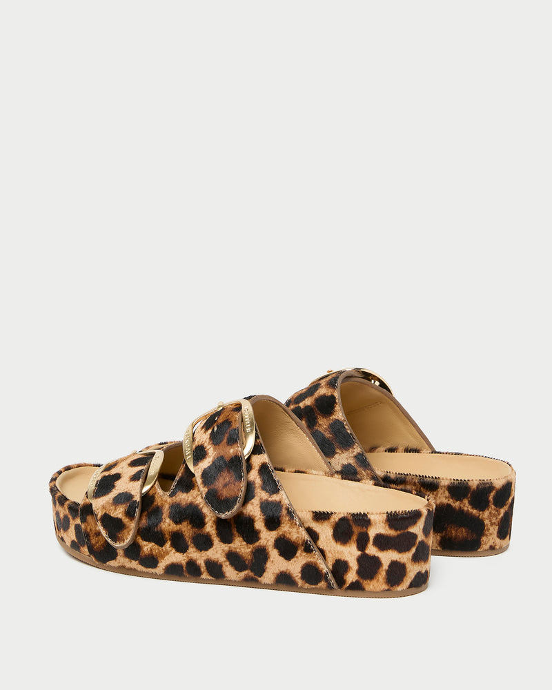 Nico Brown/Leopard Two-Band Sandal in leopard print hair calf.