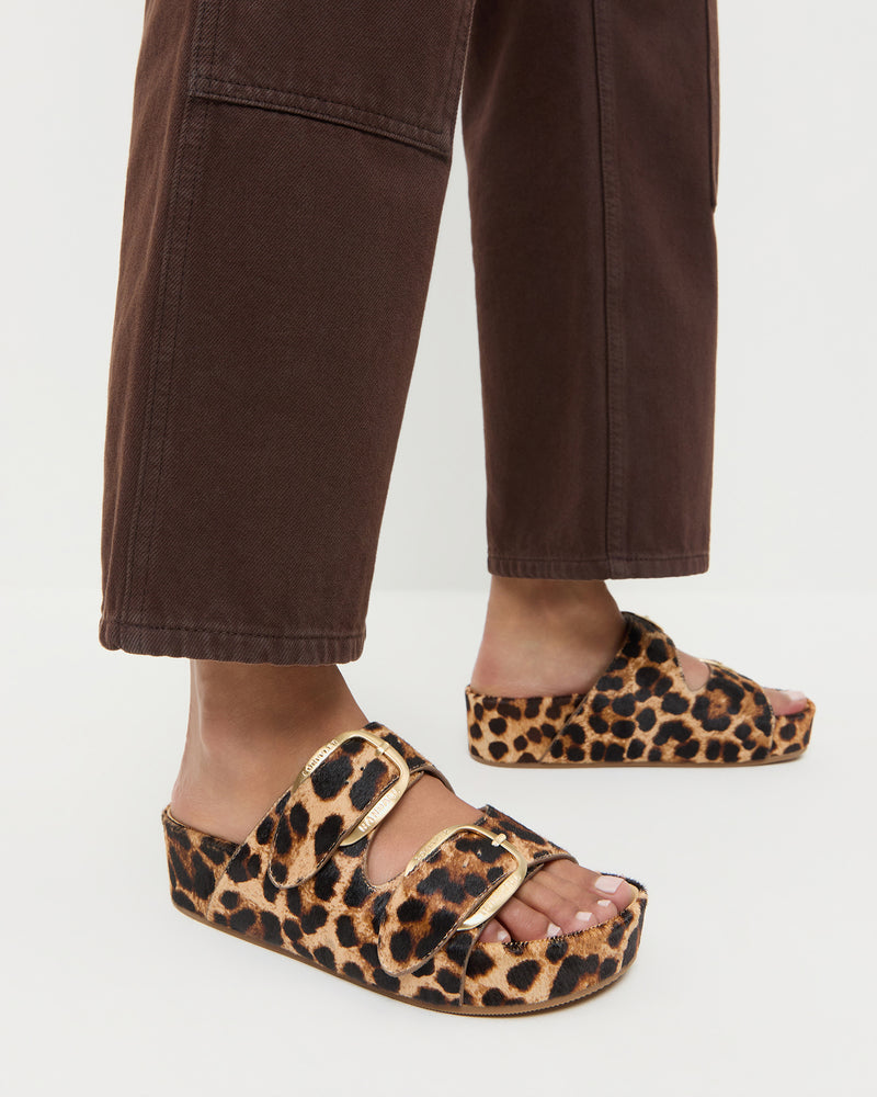 Nico Brown/Leopard Two-Band Sandal in leopard print hair calf.