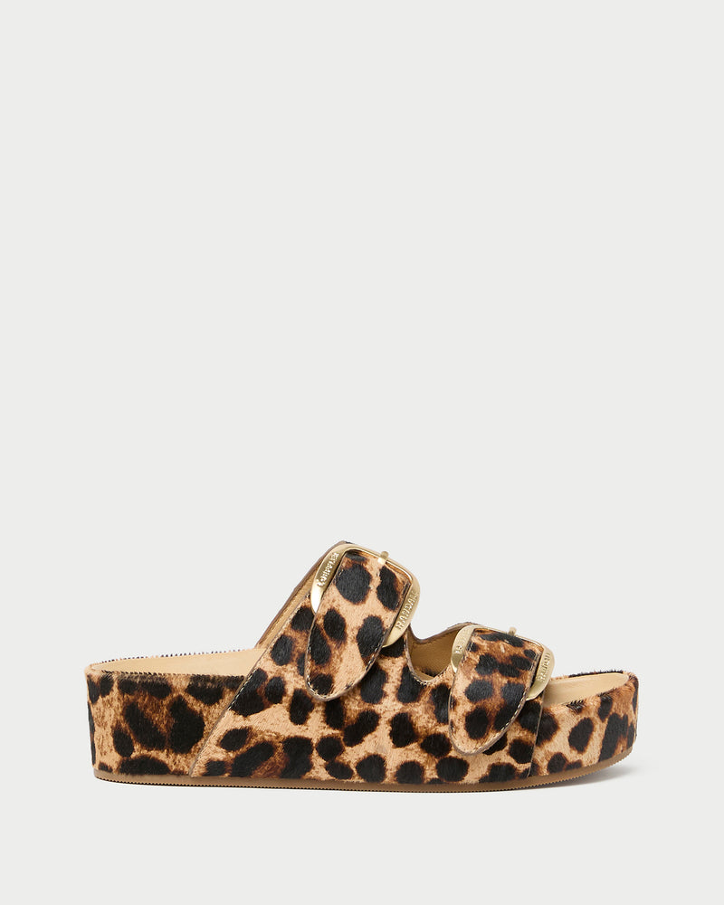 Nico Brown/Leopard Two-Band Sandal in leopard print hair calf.