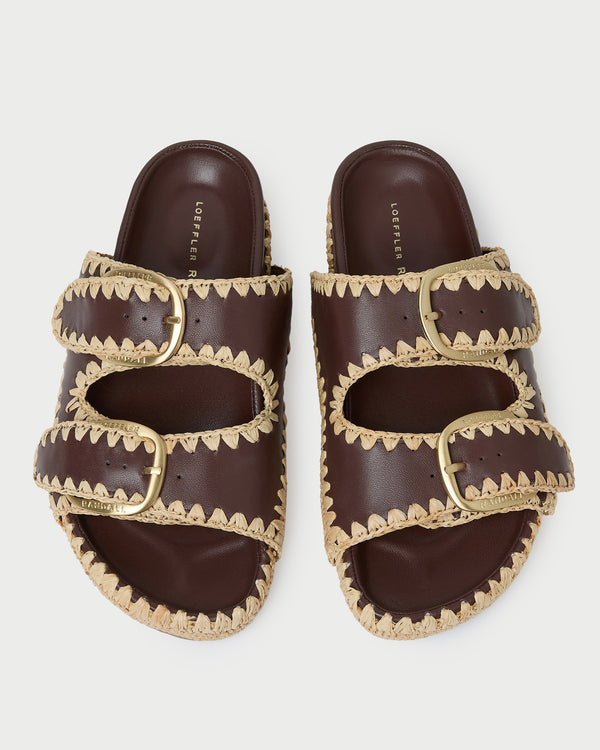 Nico Chocolate/Natural Two-Band Sandal in chocolate brown leather and tan raffia.