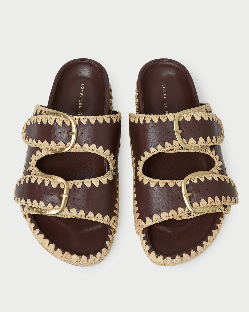 Nico Chocolate/Natural Two-Band Sandal in chocolate brown leather and tan raffia.