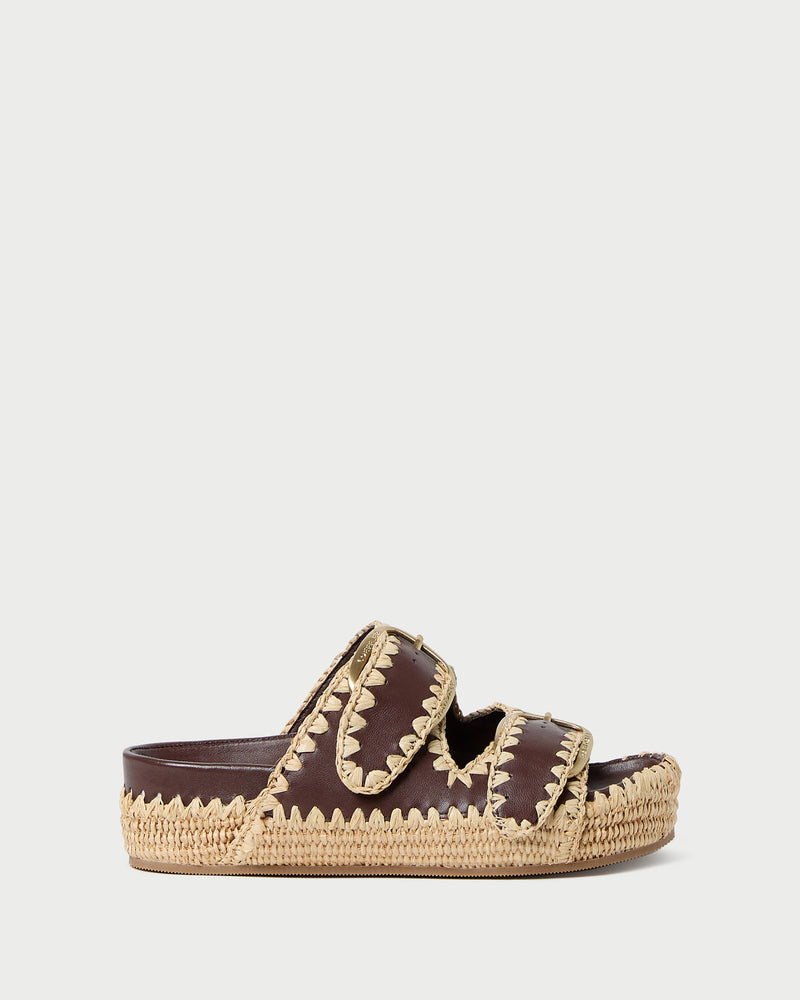 Nico Chocolate/Natural Two-Band Sandal in chocolate brown leather and tan raffia.