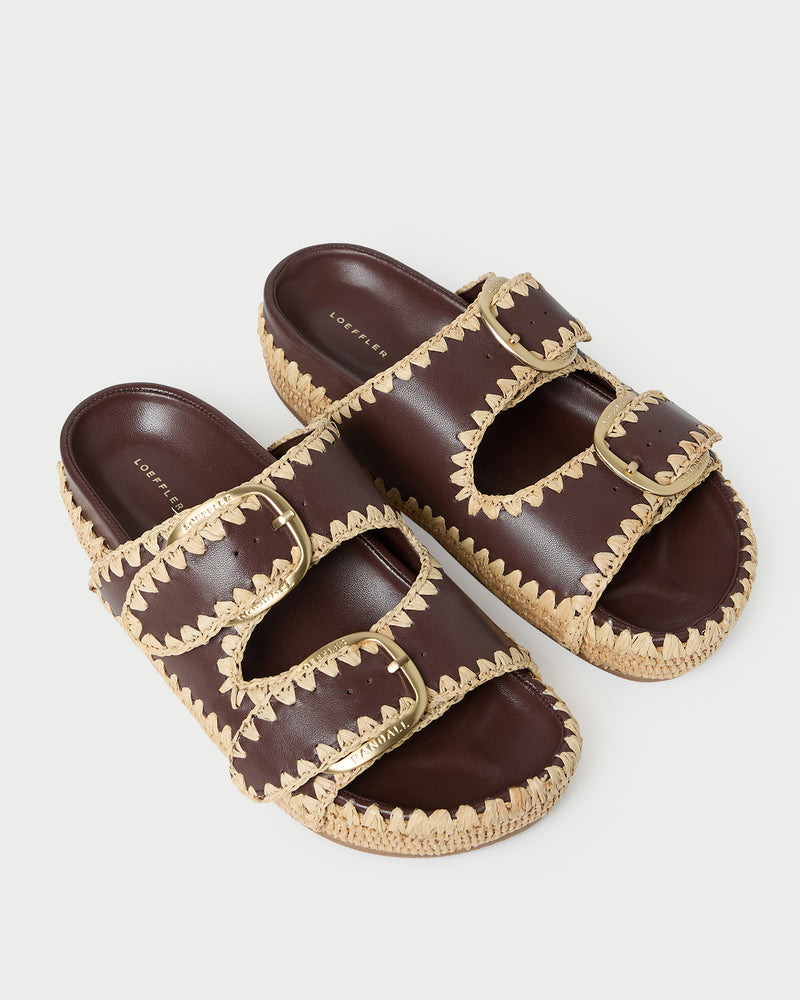 Nico Chocolate/Natural Two-Band Sandal in chocolate brown leather and tan raffia.